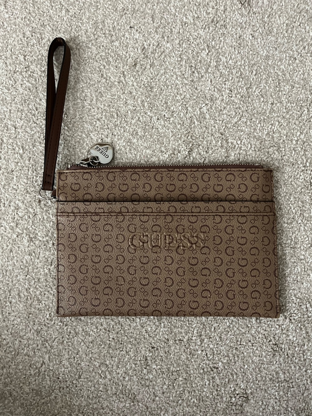GUESS Brown Monogram Logo Wristlet Clutch Pouch NWT